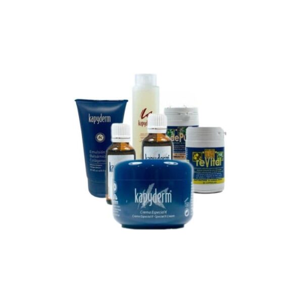 Kit casero para unificar tono y tratar piel con manchas, incluye BCE, K1/K2, Crema Special K, dePature y Revitals.